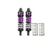 GPM Aluminium 62mm Front Adjustable Shocks in purple and black, with extra springs on a clean white background.
