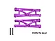 Two purple anodized aluminium rear lower suspension arms with mounting pins and GPM Racing branding against a white background.