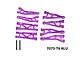 GPM Racing purple anodised aluminium suspension arm set laid out on a white background with two hinge pins and text reading 7075-T6 ALU.