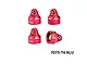 Four red anodized aluminium shock caps with silver chamfered edges and branded logos on a clean white background.