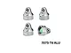 Four silver aluminium RC shock caps shown from different angles with internal threading and branding visible.