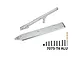 GPM silver aluminium rear chassis brace and skid plate set with mounting hardware and a drill bit on a white background.