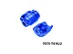 Two blue anodized aluminium shock cap protectors with machined details and branding text against a plain white background.