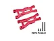 Two red anodised aluminium front lower suspension arms and four black screws on a white background.