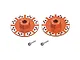 Two orange anodised aluminium brake disc wheel hexes with silver accents and two threaded pins on a white background.
