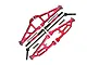 GPM red aluminium suspension arms with metal driveshafts, turnbuckles, and mounting hardware laid out on a white background.