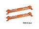 Two orange anodized aluminium battery hold-down straps from GPM Racing against a plain white background.