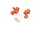 GPM orange anodised aluminium steering hubs set with white plastic bushings, screws and nuts on a white background.