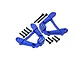 GPM aluminium blue rear shock towers with included mounting hardware on a white background.