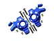 GPM aluminium front steering hubs in blue with included metal screws and bushings on a white background