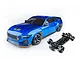 MST MTRTR 275 RC drift car in metallic blue with wide body styling, shown alongside its black chassis against a white background.