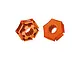Two orange anodised aluminium wheel hex adapters with claw design and engraved +3MM text on a plain white background.