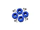 Four blue anodised aluminium wheel hex adaptors with pins and lock nuts laid out on a white background.