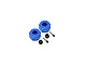 GPM aluminium blue 9mm wheel hex adaptors with pins and lock nuts displayed on a white background.