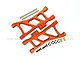 GPM aluminium rear lower suspension arms in orange with associated hardware pins, screws, and clips against a white background.