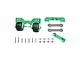 GPM aluminium complete adjustable rear wheelie bar in green, showing assembled dual wheels, mounting brackets, flat plates, screws, washers, and nuts on a white background.