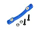 GPM blue aluminium steering linkage part with brass inserts, two conical washers, and two black screws on a white background.