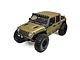 Studio product shot of an Axial SCX10 III green Jeep RC rock crawler with lit headlights and roof lights on a white background.