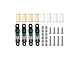 GPM Aluminium 26mm adjustable shocks in green and black with extra springs, mounting balls, and screws arranged on a white background.