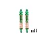 Two green aluminium adjustable RC shock absorbers with orange springs and four black mounting screws against a white background.