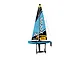 Joysway Focus V3 blue RC sailboat on a black display stand against a white background.