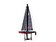 Studio shot of the Joysway Focus V3 red and black RC sail boat yacht on a display stand against a white background.