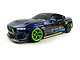 Studio product shot of the HPI Stage-D10 Ford Mustang GT RC drift car in 1/10 scale, featuring custom graphics and bright green wheels.