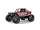 Studio shot of the Maverick Scout24 1/24 scale electric 4WD RC rock crawler in red, featuring a roll cage and large tires.