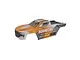 Arrma Mini Kraton body shell featuring an orange, white, and grey geometric livery with printed branding.