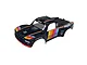 Blue Arrma Mojave 6S BLX short course RC truck body shell featuring multicolored racing stripes and sponsor decals against a white background.