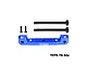 GPM blue aluminium front upper suspension mount with two hinge pins and two screws on a white background.