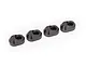 Four grey aluminium suspension pin retainers laid out in a row against a clean white background.