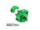 GPM aluminium centre gearbox case in green with mounting hardware set on a white background