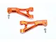 GPM orange anodised aluminium front upper suspension arms with screws for RC models against a plain white background.