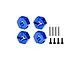 Four blue anodized aluminium clamping wheel hexes displayed with four metal pins and four socket head screws on a white background.