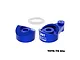 GPM blue aluminium 28T servo horn with servo saver components and a white O-ring on a white background.