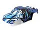 Pre-painted blue, black, and white graphic RC truck body shell for Maverick Quantum2 MT.