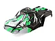 Pre-painted green, black, and white monster truck body shell for a 1/10 scale RC car, viewed from above.