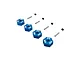 ARRMA blue aluminium 12mm clamping wheel hexes set of four with pins and set screws against a white background.