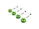 ARRMA aluminium 12mm green clamping wheel hexes set of four with pins and set screws against a white background.