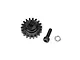 Losi steel 18-tooth pinion gear with a black finish, alongside a socket head screw and washer on a white background.