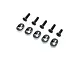 Losi 18/67 engine mount insert set consisting of five metal offset inserts and five matching black screws on a white background.