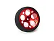 Spektrum red aluminium wide circle transmitter wheel featuring a black foam grip on a clean white background.