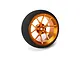 Spektrum orange aluminium wide spoke transmitter wheel with a black foam tyre on a white background.