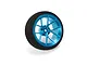 Spektrum blue aluminium wide spoke transmitter wheel with a black foam grip isolated on a white background.