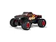 Studio product photo of the ARRMA Quake 4S RC monster truck in red and black, viewed from the front right side.