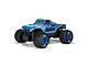 Studio product photo of the ARRMA Quake 4S blue electric RC monster truck viewed from the front right on a white background.