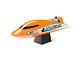 Pro Boat Jet Jam V2 12-inch electric RC speed boat in orange, mounted on a black display stand against a white background.