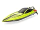 Atrek Rogue RC speed boat in green with black canopy, graphics, and visible rear LED lights against a white background.