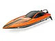 Atrek Rogue 22 inch orange and black deep V RC speed boat shown from a high-angle studio shot against a white background.